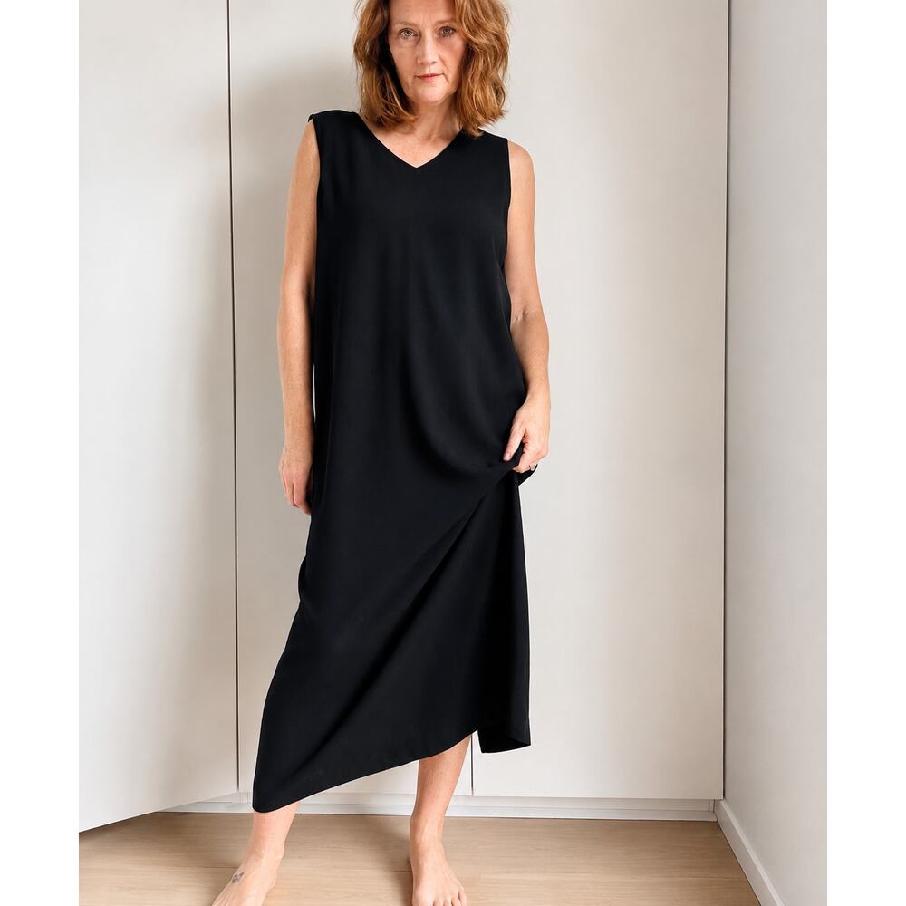 Eileen Fisher Black Midi Dress Wool Blend Size Medium Capsule Wardrobe